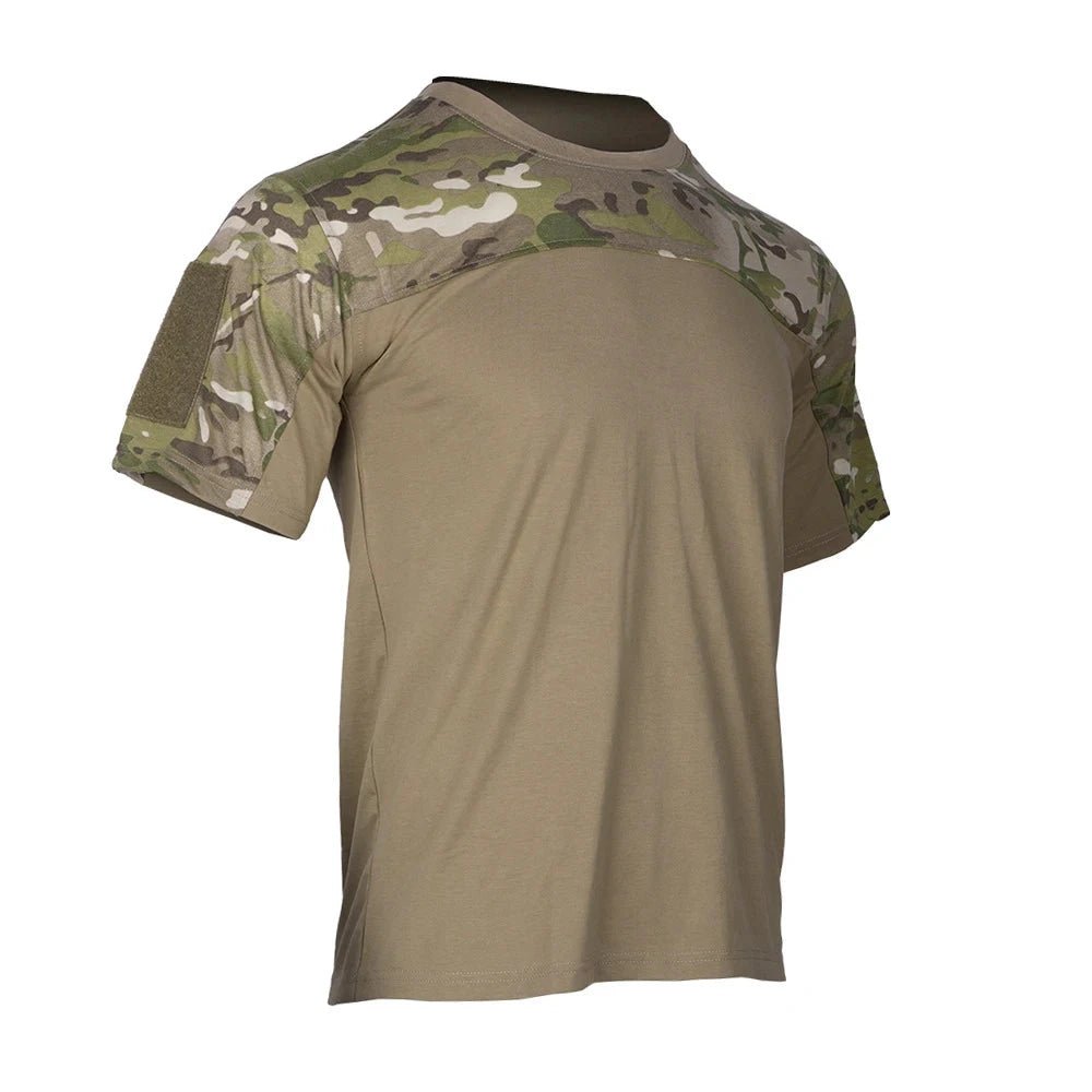 Mandotos men's camouflage tactical combat shirt with breathable fabric, outdoor hunting and workout clothing, featuring a camo design.
