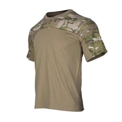 Mandotos men's camouflage tactical combat shirt with breathable fabric, outdoor hunting and workout clothing, featuring a camo design.