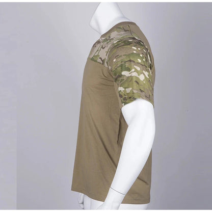 Mandotos men's camouflage tactical T-shirt with breathable fabric, suitable for outdoor hunting, combat, and workout activities.