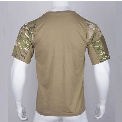 Mandotos men's camouflage tactical t-shirt featuring breathable fabric and outdoor hunting and workout clothing style.