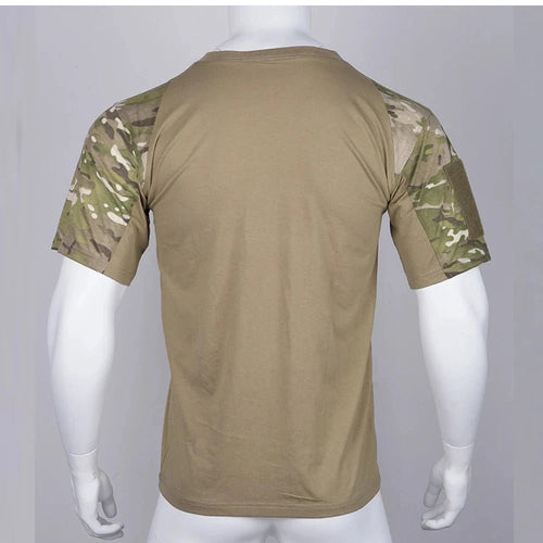 Mandotos men's camouflage tactical t-shirt featuring breathable fabric and outdoor hunting and workout clothing style.
