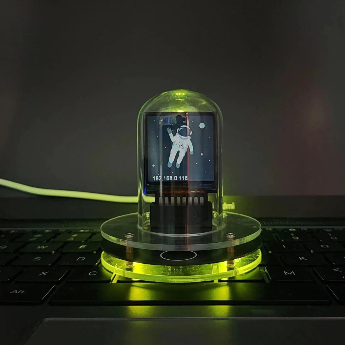 Mandotos MeteorGlow RGB desk clock with colorful LED lighting, modern design, and digital display for stylish workspace decor.