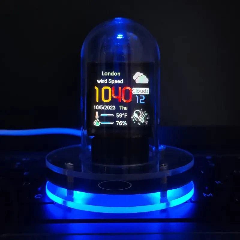 Mandotos MeteorGlow RGB desk clock with modern design, featuring colorful LED lighting and sleek workspace decor.