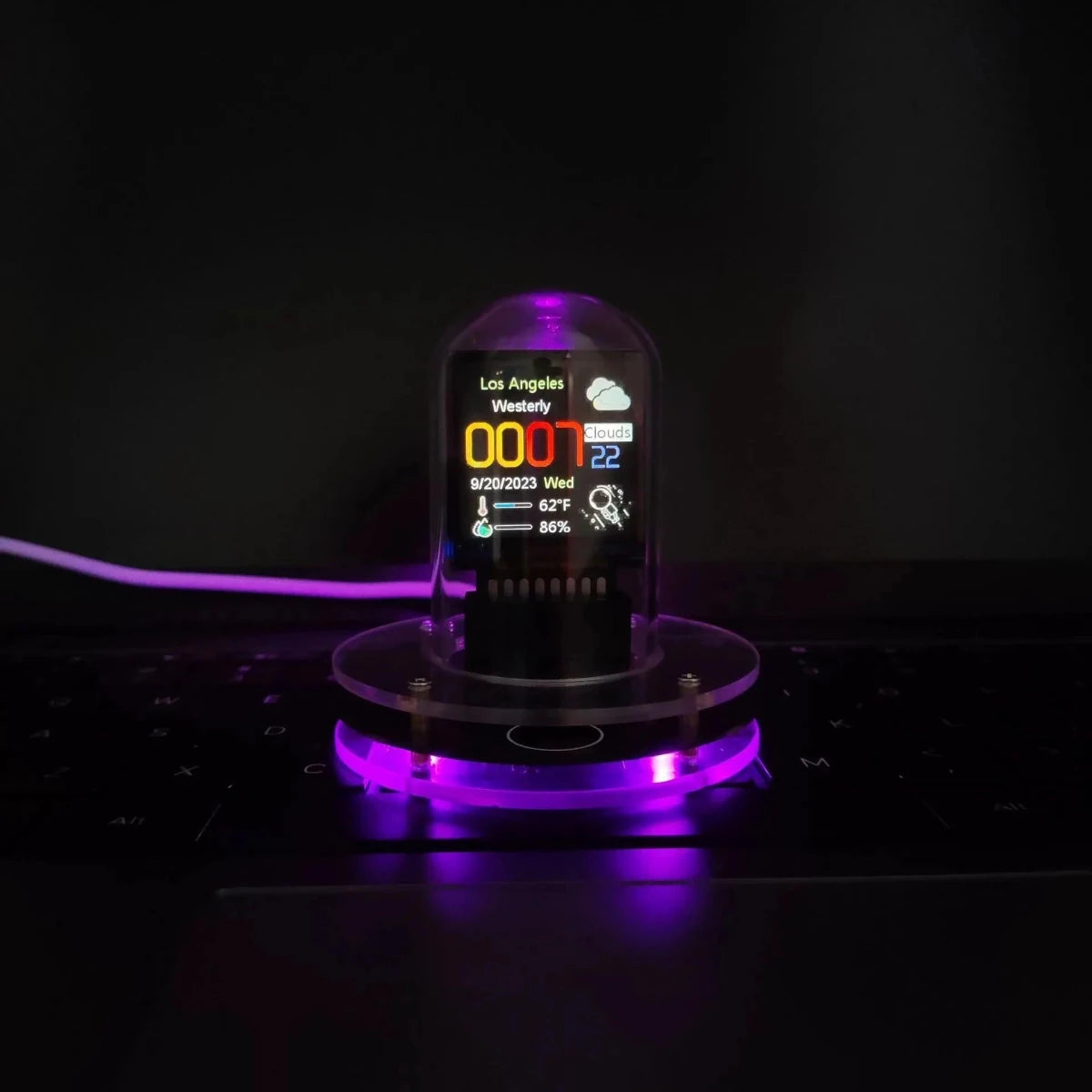Mandotos MeteorGlow RGB desk clock with modern design, featuring colorful LED lighting and sleek digital display for workspace decor.