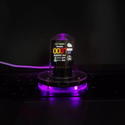 Mandotos MeteorGlow RGB desk clock with modern design, featuring colorful LED lighting and sleek digital display for workspace decor.