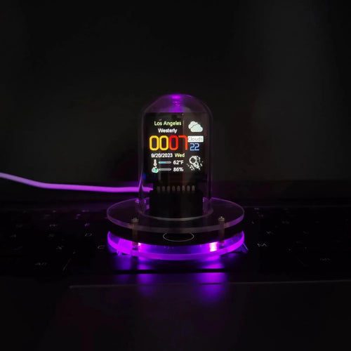 Mandotos MeteorGlow RGB desk clock with modern design, featuring colorful LED lighting and sleek digital display for workspace decor.