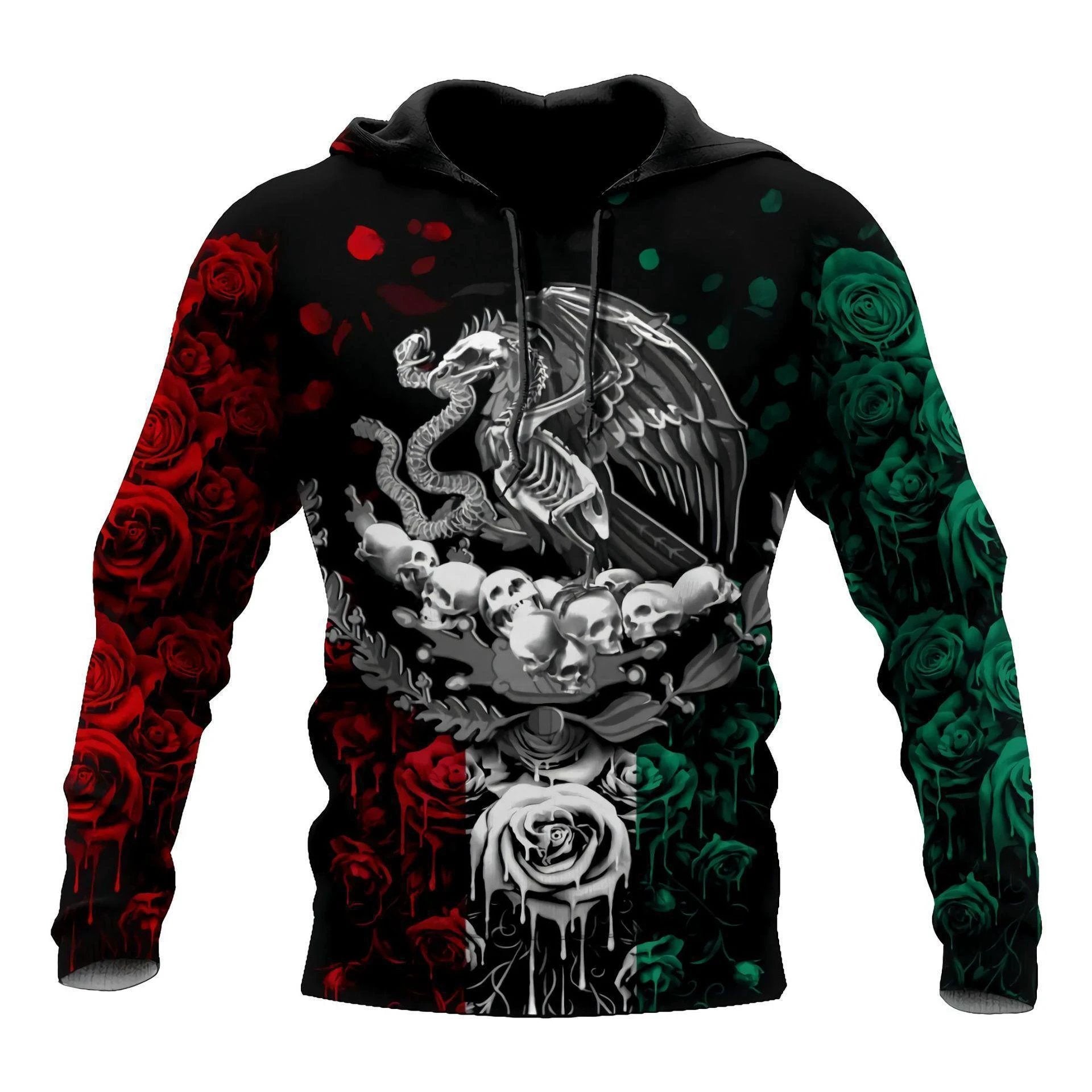 Mandotos Mexico 3D eagle print pullover hoodie made of corduroy, featuring a bold eagle design and comfortable fit.