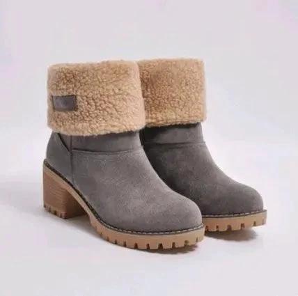 Mandotos mid-tube thick heel suede snow boots with warm lining and sturdy soles, designed for winter outdoor wear.