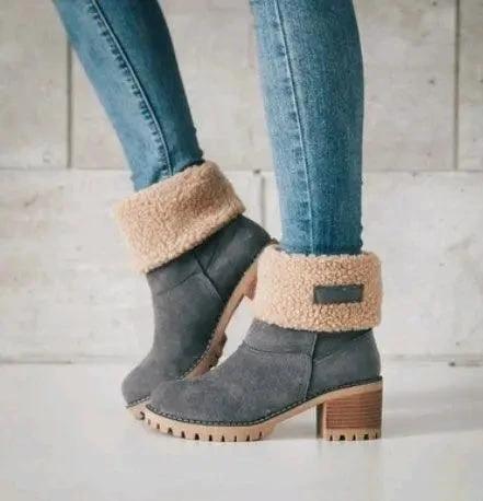 Mandotos mid-tube thick heel suede snow boots with sturdy soles and cozy lining for winter wear.