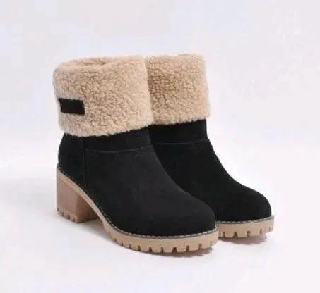 Mandotos mid-tube thick heel suede snow boots with cozy lining and sturdy soles, ideal for winter outdoor wear.