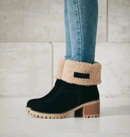 Mandotos mid-tube suede snow boots with thick heels, featuring a stylish design and cozy lining for winter wear.