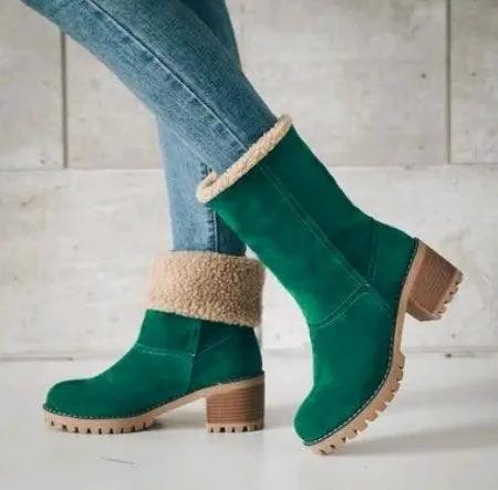 Mandotos mid-tube suede snow boots with thick heels, featuring a cozy design and durable winter footwear for cold weather.