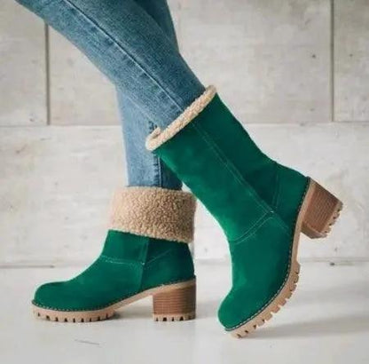 Mandotos mid-tube suede snow boots with thick heels, featuring a cozy design and durable winter footwear for cold weather.