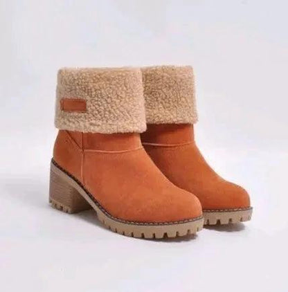 Mandotos mid-tube thick heel suede snow boots with a sturdy sole and stylish design for winter wear.