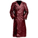 Mandotos Midnight Leather Trench coat shown on a model, featuring a sleek design and classic silhouette in black leather.