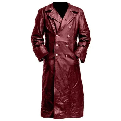 Black Midnight Leather Trench coat by MANDOTOS, featuring sleek leather fabric, classic design, and tailored fit.
