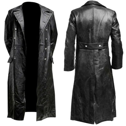 Mandotos Midnight Leather Trench coat featuring sleek black leather and classic design, shown hanging on a hanger.