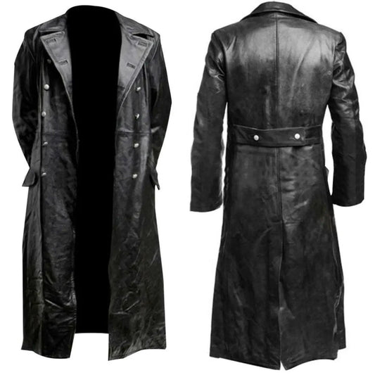 Mandotos Midnight Leather Trench coat featuring sleek black leather and classic design, shown hanging on a hanger.