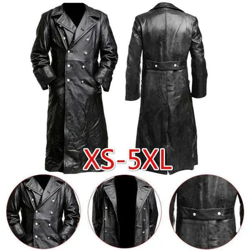 Black Midnight Leather Trench coat by MANDOTOS, featuring a sleek design and classic silhouette, shown on a hanger.