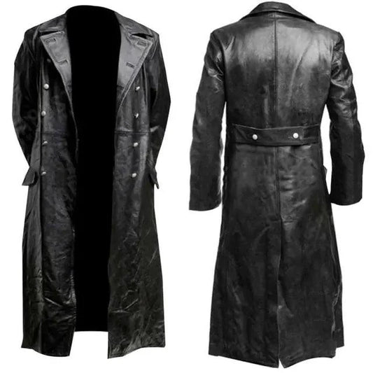 Mandotos Midnight Leather Trench coat displayed on a hanger, showcasing sleek black leather with tailored fit and classic design.
