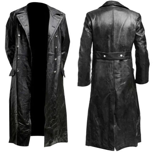Mandotos Midnight Leather Trench coat hanging on a rack, showcasing sleek black leather and stylish design.