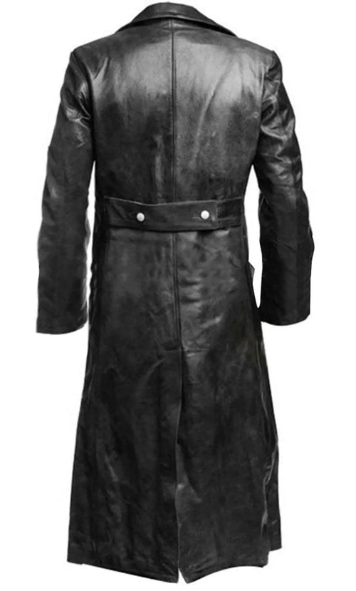 Mandotos Midnight Leather Trench coat displayed on a hanger, showcasing sleek black leather with classic trench design.