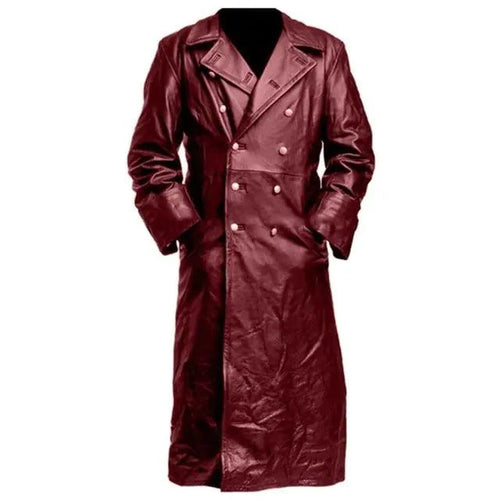 Mandotos Midnight Leather Trench coat shown in black with classic collar and button details, stylish outerwear for women.
