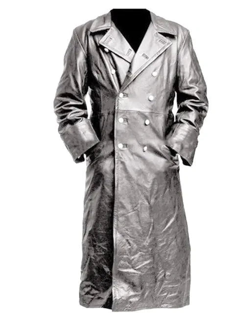Mandotos Midnight Leather Trench coat shown on a hanger with detailed stitching and sleek black leather finish.