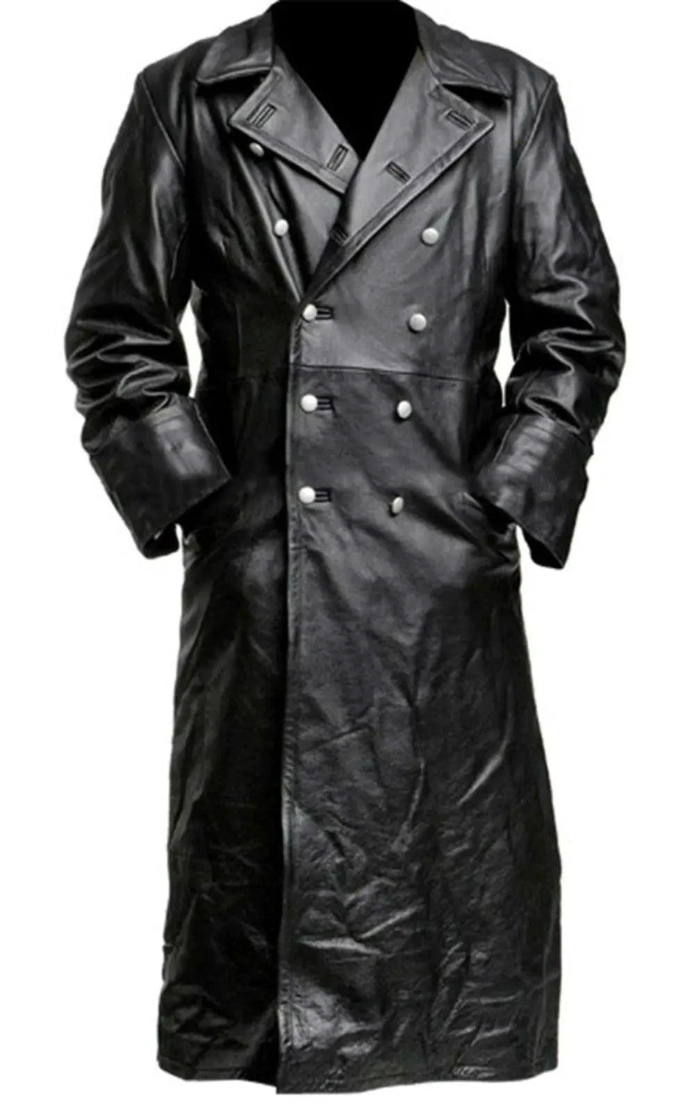 Mandotos Midnight Leather Trench coat displayed on a model, featuring sleek black leather with stylish lapels and a tailored fit.