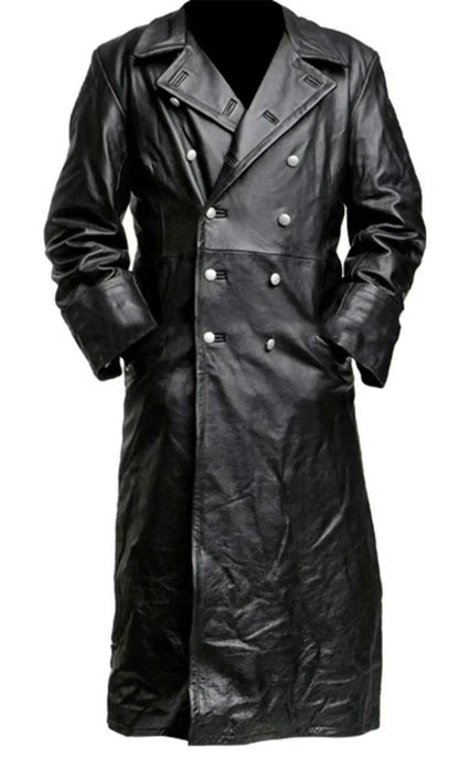 Mandotos Midnight Leather Trench coat displayed on a model, featuring sleek black leather with stylish lapels and a tailored fit.