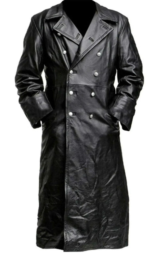 Mandotos Midnight Leather Trench coat displayed on a model, featuring sleek black leather with stylish lapels and a tailored fit.