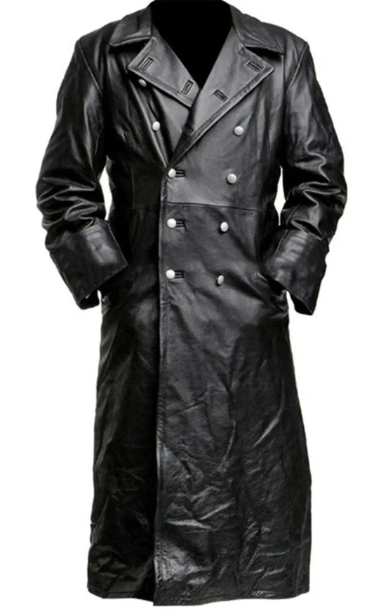 Mandotos Midnight Leather Trench coat displayed on a model, featuring sleek black leather with stylish lapels and a tailored fit.