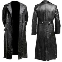 Mandotos Midnight Leather Trench coat displayed on a hanger, showcasing sleek black leather with classic collar and belt details.