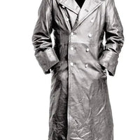 Mandotos Midnight Leather Trench coat displayed on a hanger, showcasing sleek black leather with a classic trench silhouette.