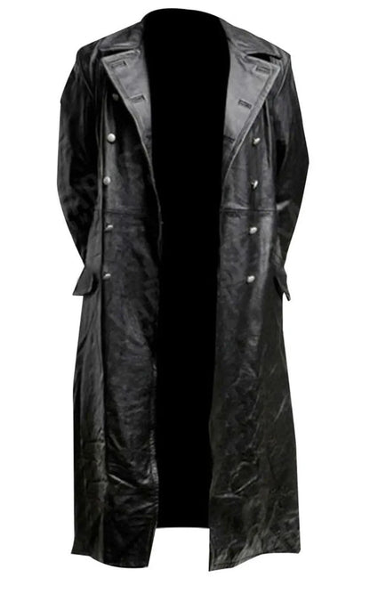 Mandotos Midnight Leather Trench coat displayed on a hanger, featuring sleek black leather and classic trench design.