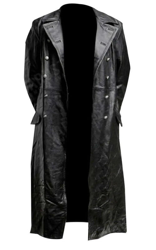 Mandotos Midnight Leather Trench coat displayed on a hanger, featuring sleek black leather and classic trench design.