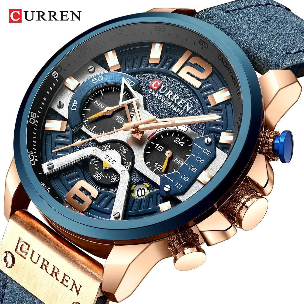 Mandotos military leather chronograph wristwatch with black dial, silver case, and brown leather strap, rugged and stylish timepiece.