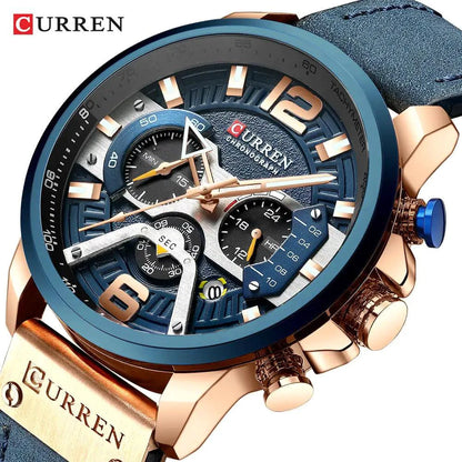 Mandotos military leather chronograph wristwatch with black dial, silver case, and brown leather strap, rugged and stylish timepiece.