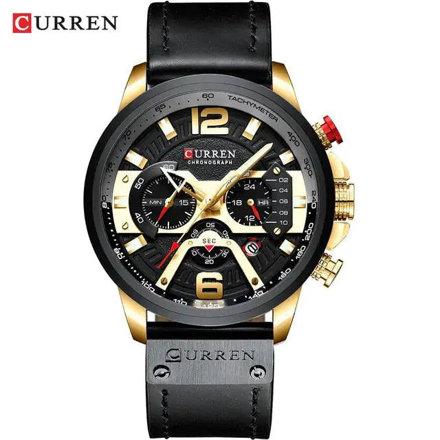 Mandotos military leather chronograph wristwatch with black dial, stainless steel case, and brown leather strap.