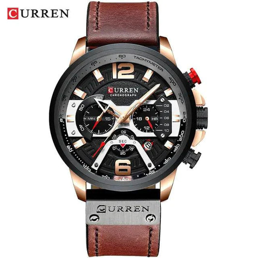 Mandotos military leather chronograph wristwatch with black dial, stainless steel case, and brown leather strap.