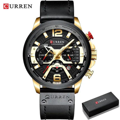 Mandotos military leather chronograph wristwatch with black dial, stainless steel case, and leather strap for rugged style.