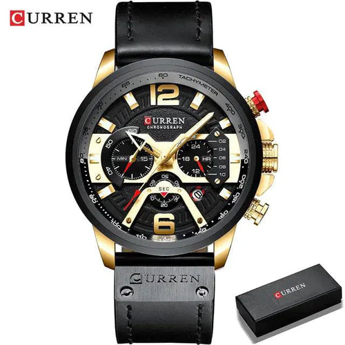 Mandotos military leather chronograph wristwatch with black dial, stainless steel case, and leather strap for rugged style.
