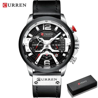 Mandotos military leather chronograph wristwatch with black dial, silver case, and leather strap, featuring multiple subdials.