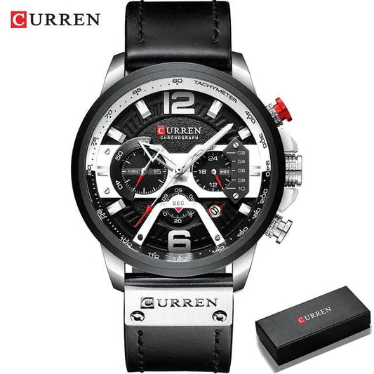 Mandotos military leather chronograph wristwatch with black dial, silver case, and leather strap, featuring multiple subdials.