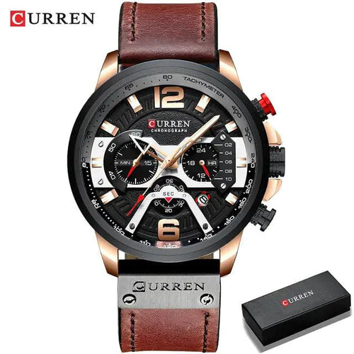 Mandotos military leather chronograph wristwatch with black dial, stainless steel case, and brown leather strap.
