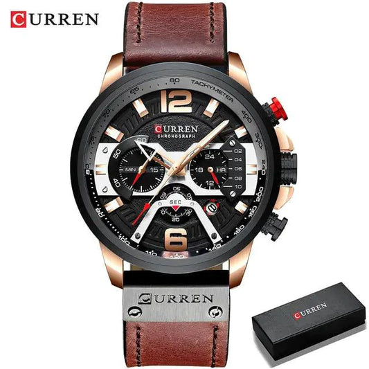 Mandotos military leather chronograph wristwatch with black dial, stainless steel case, and brown leather strap.