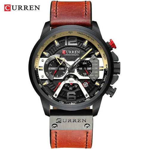 Mandotos military leather chronograph wristwatch with black dial, silver case, and brown leather strap.