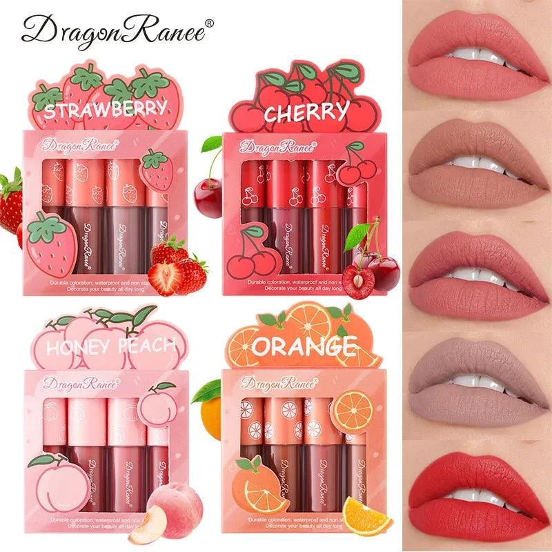 Mandotos Mini Velvet Matte Lip Gloss Set with 4 lightweight, fruit-scented lip tints, long-lasting, non-fading, non-stick formula
