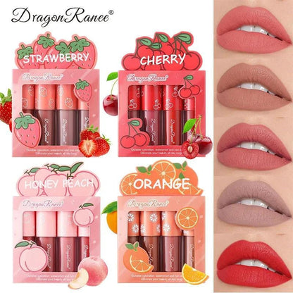 Mandotos Mini Velvet Matte Lip Gloss Set with 4 lightweight, fruit-scented lip tints, long-lasting, non-fading, non-stick formula