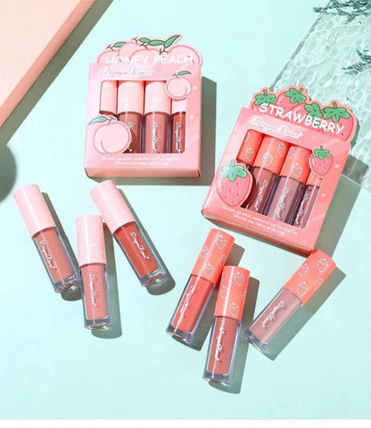 Mandotos Mini Velvet Matte Lip Gloss Set with four fruit-scented, long-lasting, non-fading, lightweight lip tints in sleek packaging.